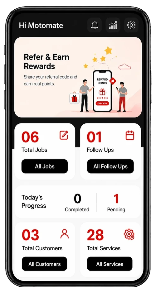 Motomate dashboard: jobs, follow-ups, customers and services at a glance