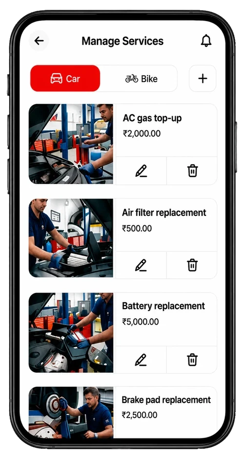 Motomate: manage car and bike services with prices